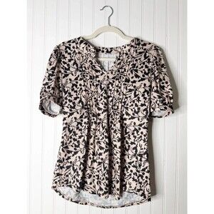 Micoson Women’s Floral Short Sleeve Blouse Size Medium Cottagecore Neutral